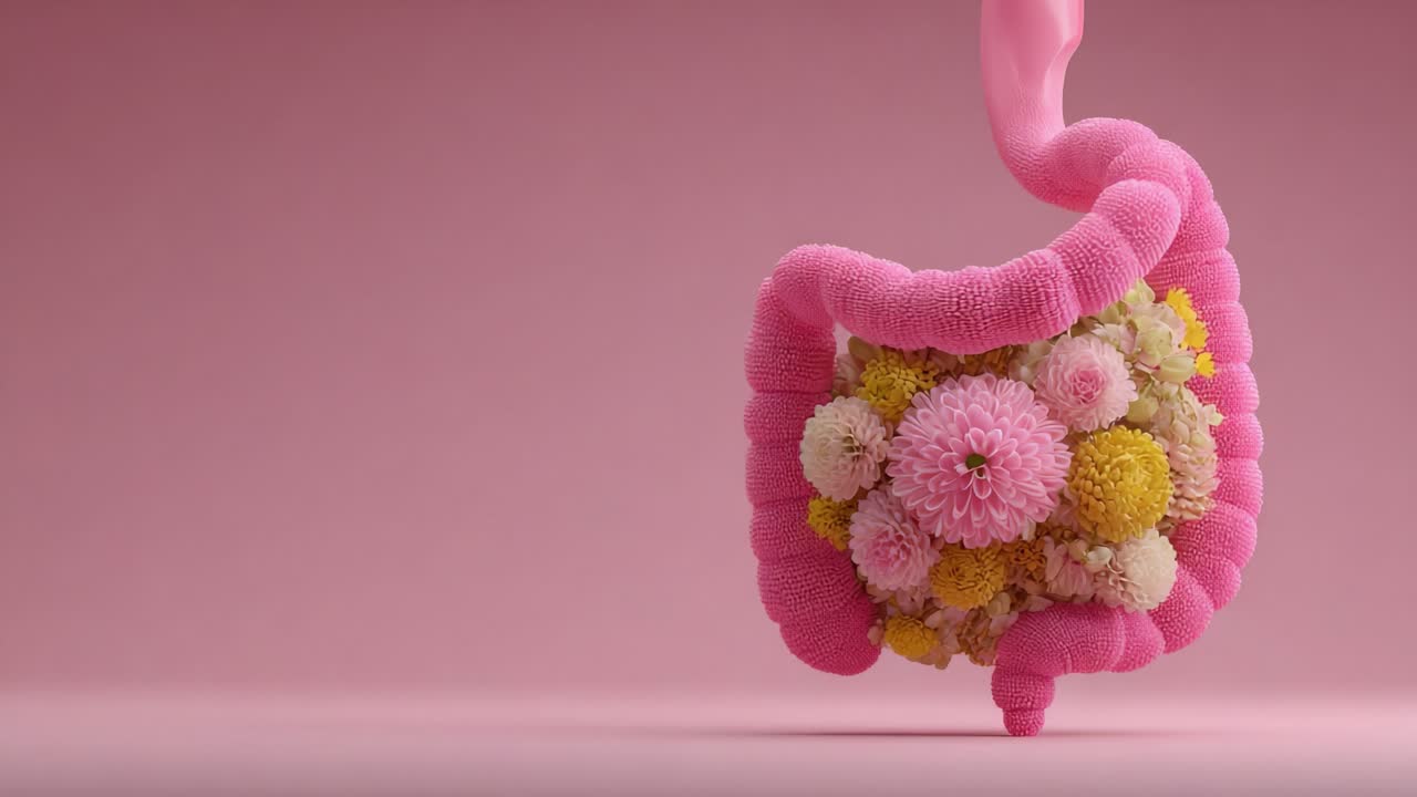 A Creative Representation of the Human Digestive System Filled with Vibrant Flowers, Merging Nature's Beauty with Anatomical Design in a Whimsical Style