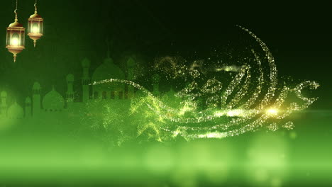 eid al adha mubarak 또는 우아한 아라베스크 서예 텍스트 입자 디자인으로 이슬람 커뮤니티 루프 비디오 클립 배경 장식을 위한 희생 축제