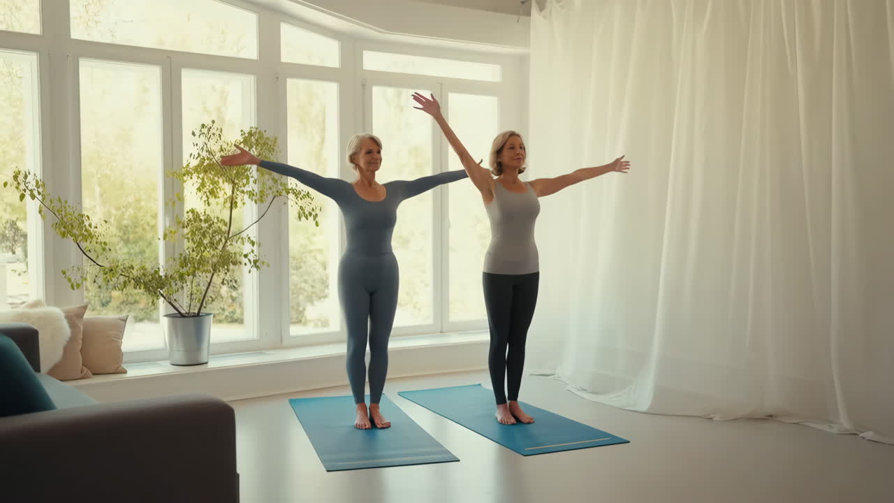 Two Senior Women Practicing Yoga at Home