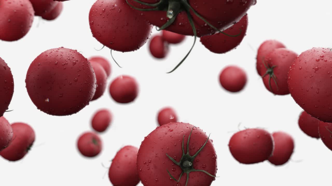 Falling tomatoes with water drops on a white background