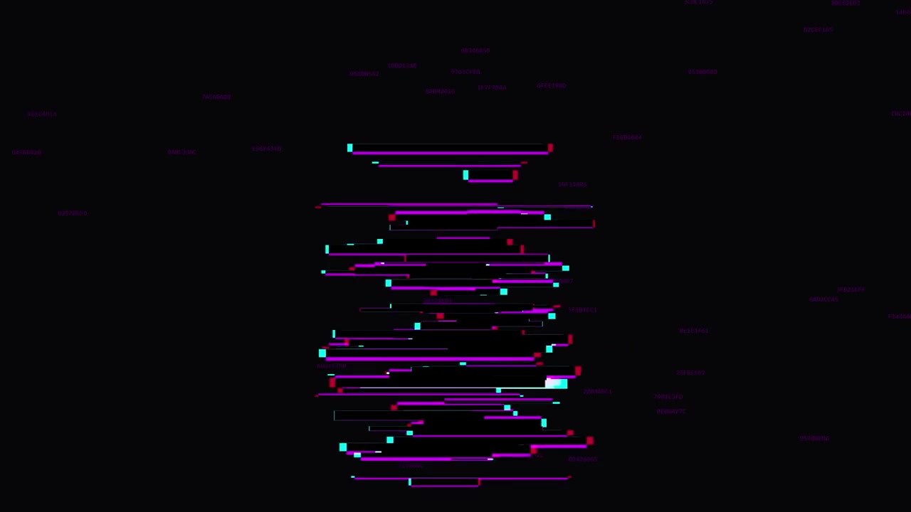 Digital Glitch Effect with Floating Data Text on Black Background