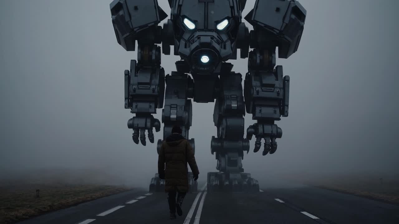 un enorme robot humanoide emerge a través de la densa niebla, acercándose amenazadoramente a un viajero solitario que vaga por un camino rural aislado, simbolizando el encuentro tecnológico con lo desconocido.