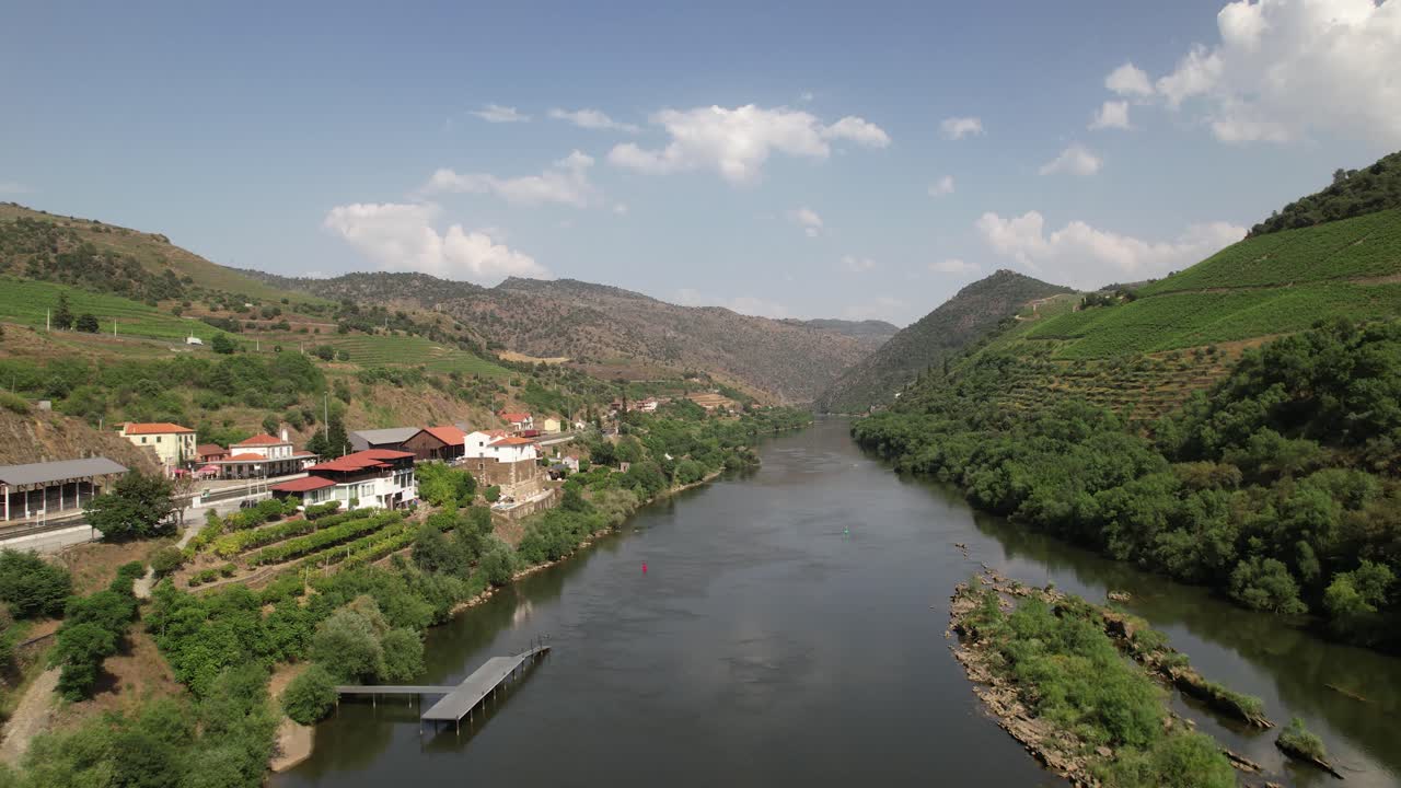 Flying above Mountain Vineyards and River in portugal