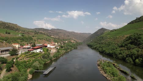 flying above mountain vineyards and river in portugal