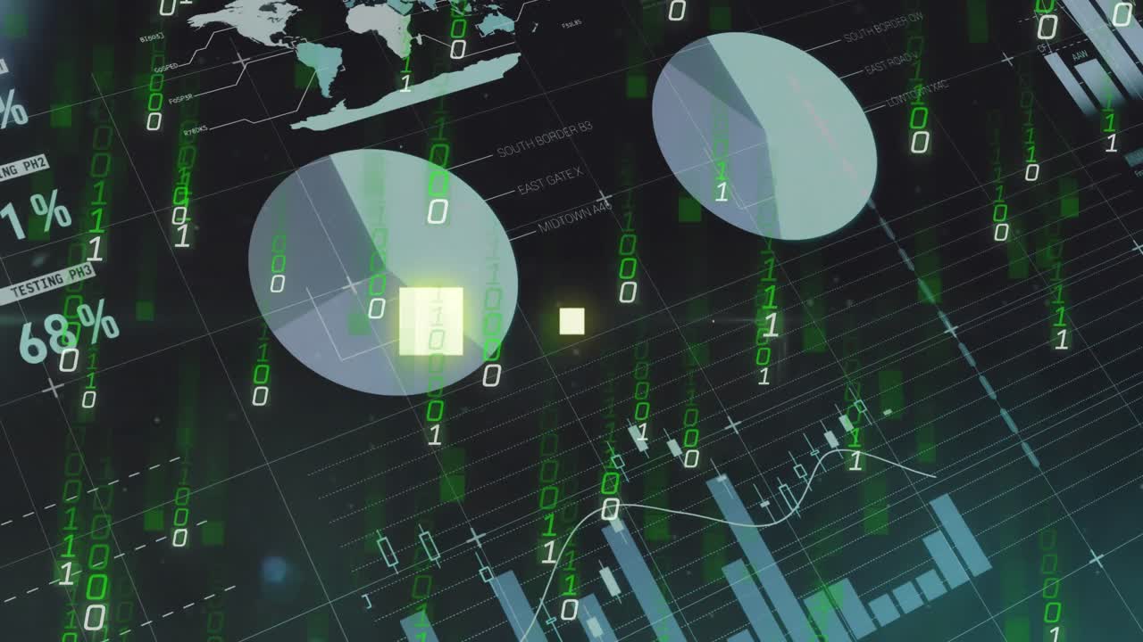 Animation of binary coding and data processing over dark background