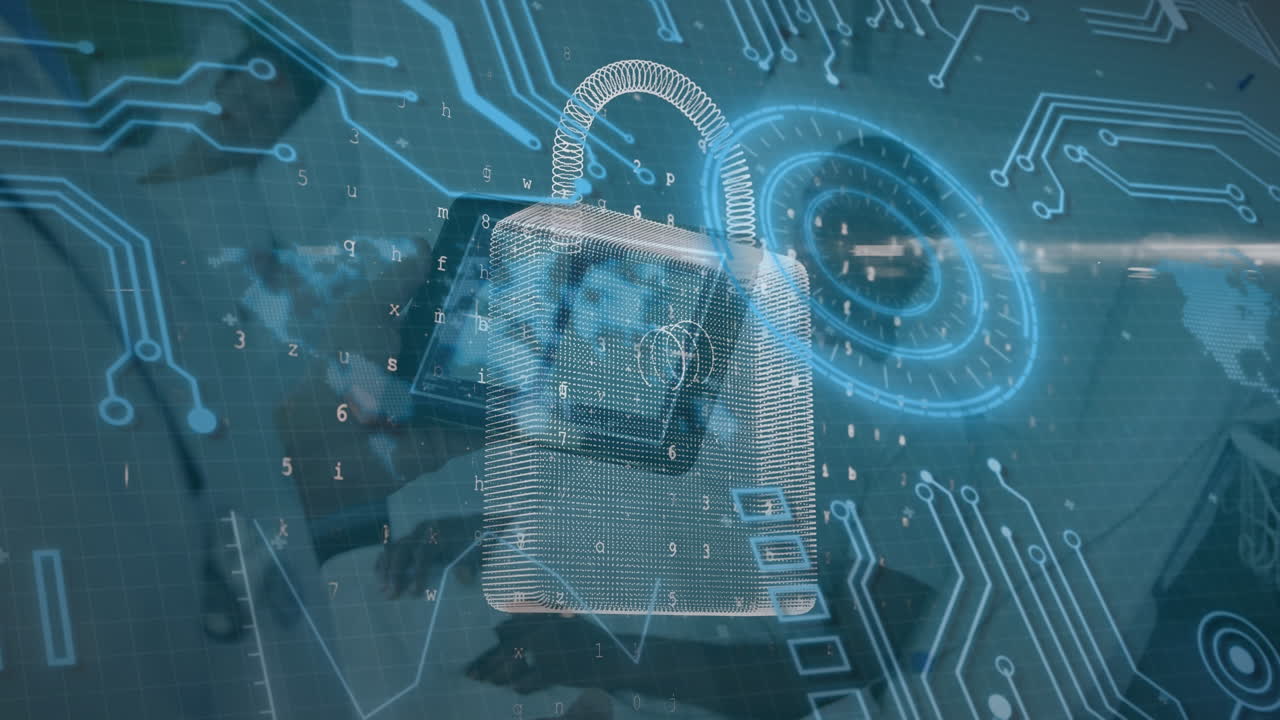 Animation of security padlock over man using tablet