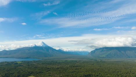 Aerial-Time-Lapse-Of-Clouds-Over-Osorno-Volcano-Beside-Lake-Llanquihue