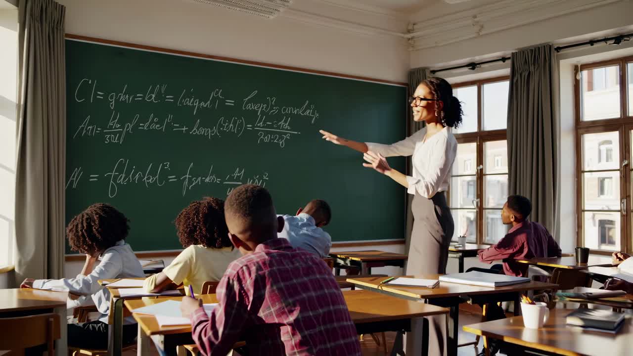 A teacher instructs students in a classroom, captured from a side angle