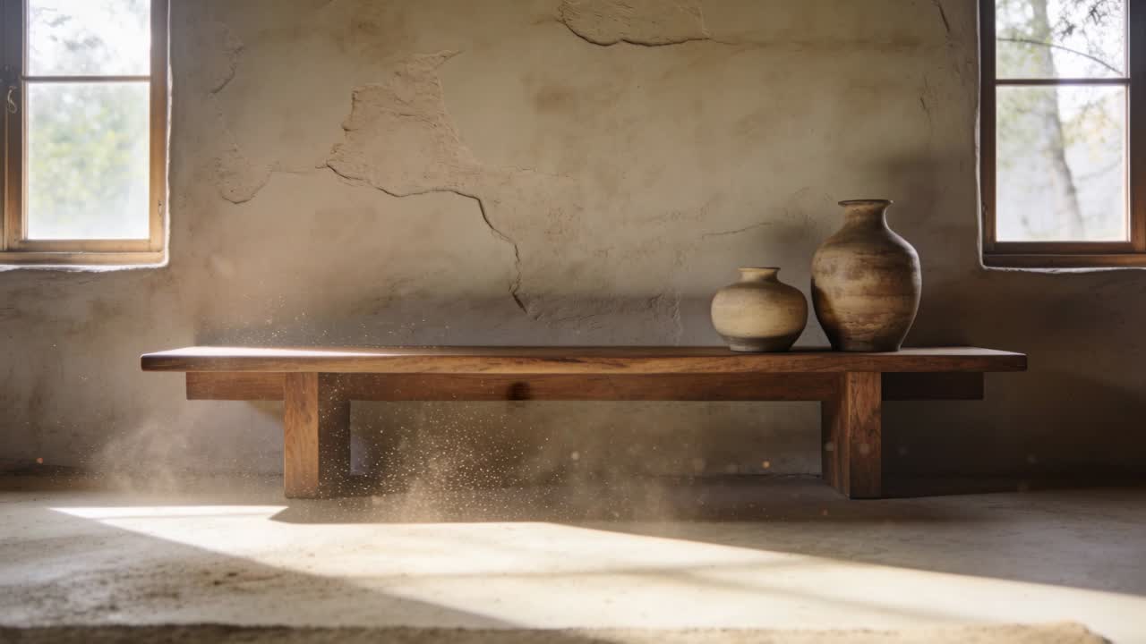 Raggi di sole che si spostano sollevando particelle di polvere attraverso le finestre sopra una bassa panca di legno con vasi di terracotta