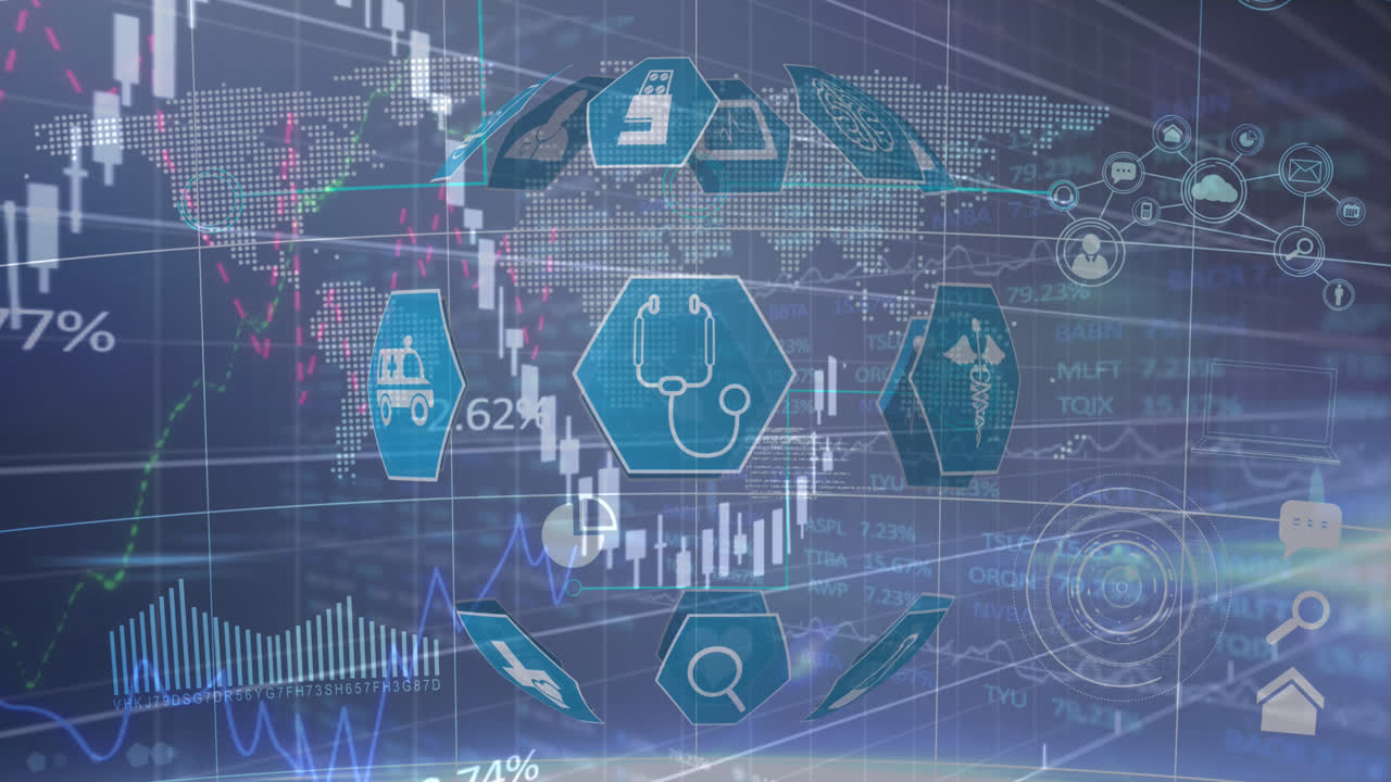 animación de una bola hecha de iconos médicos girando con gráficos rodando sobre un mapa del mundo