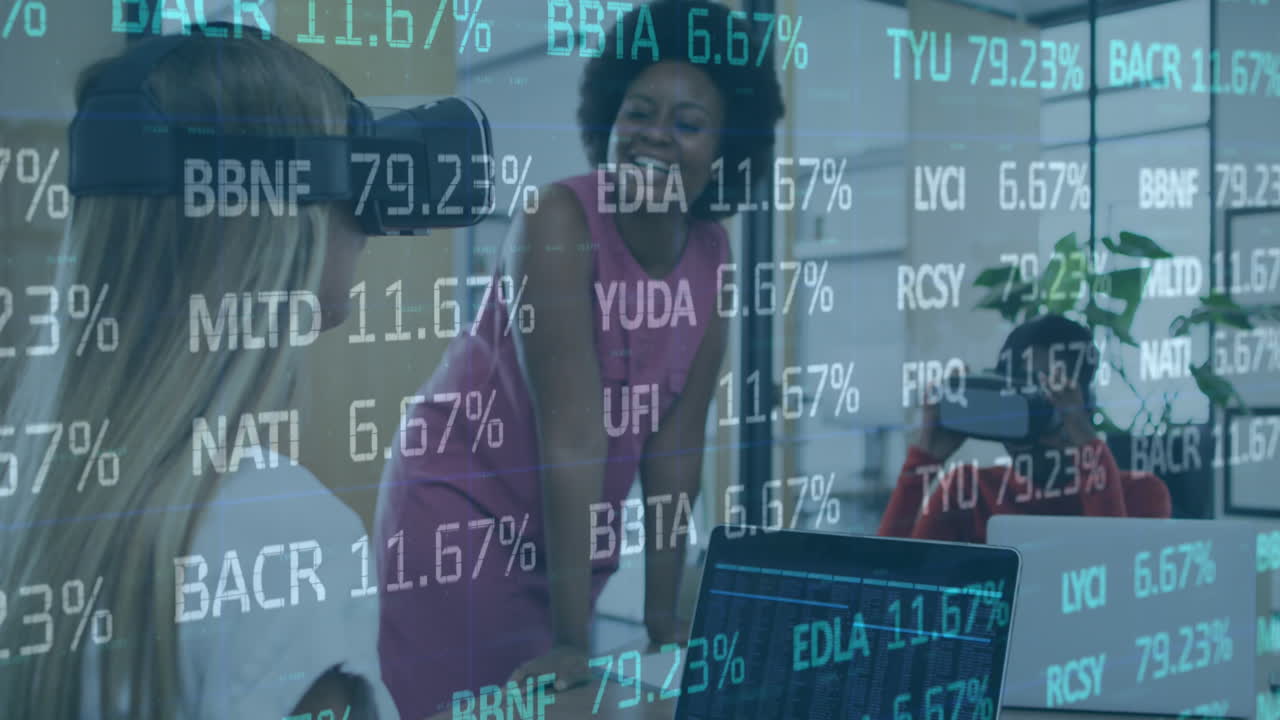 Animering av finansiell databehandling över olika affärskvinnor på kontor