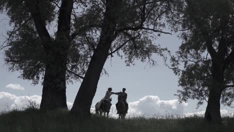 couple kissing on horses in the countryside