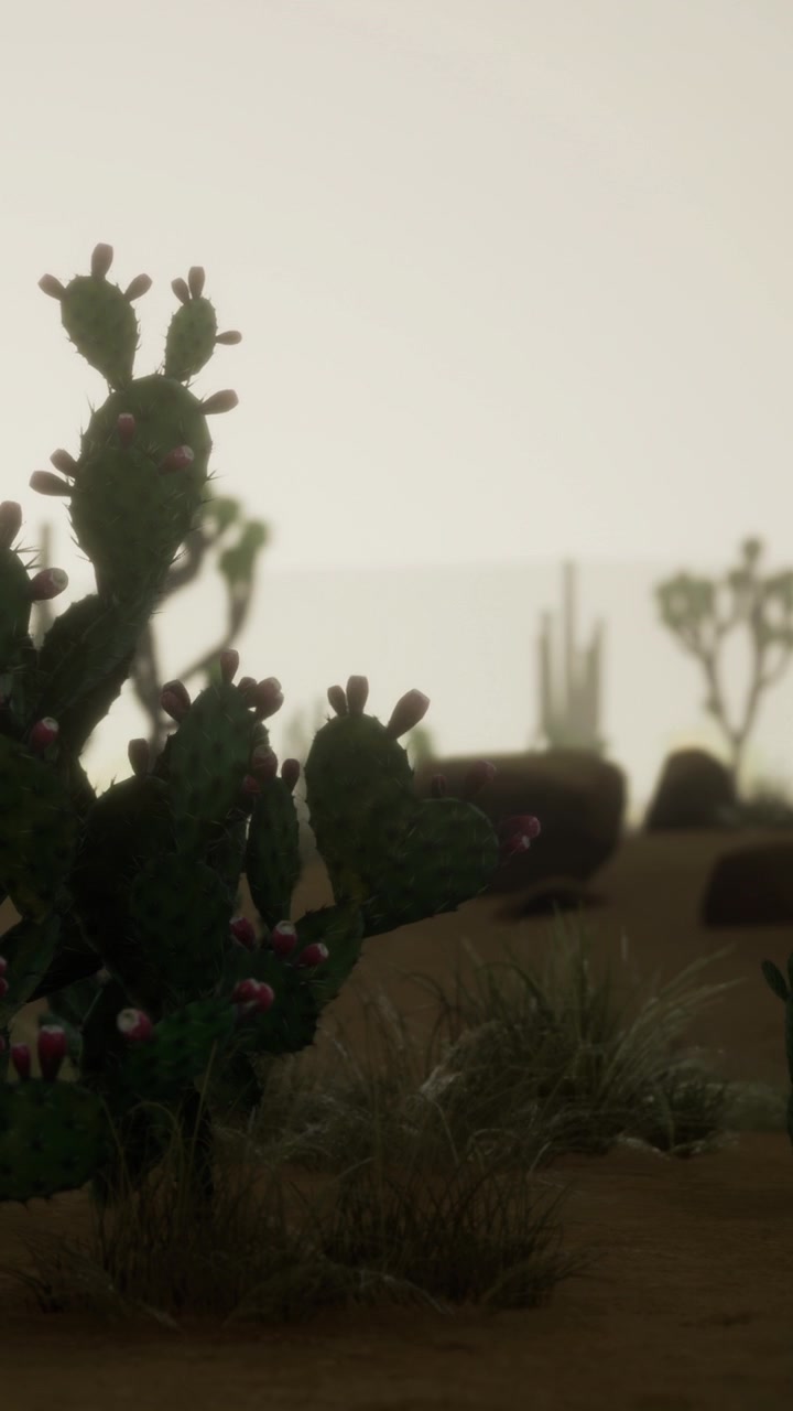 Cactus che crescono nel paesaggio desertico durante una giornata nuvolosa.