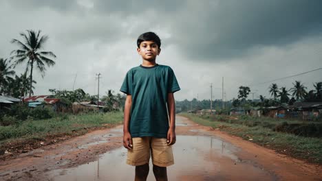 young boy standing on muddy rural road after rainfall, surrounded by basic dwellings and palm trees, reflecting childhood perseverance in challenging environment