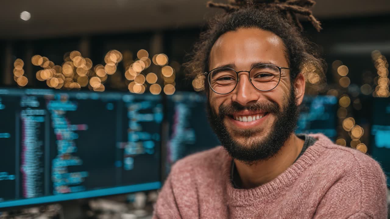 A joyful young man with glasses and a beard smiles warmly in a tech environment, surrounded by illuminated screens filled with code, embodying passion for programming and innovation