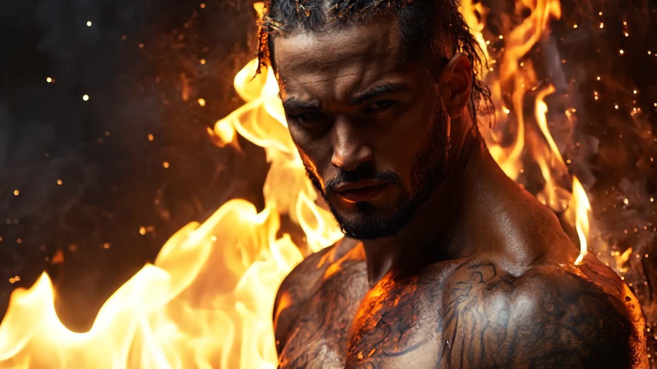 A man with tattoos on his arms stands in front of a fire. The fire is orange and yellow, and it seems to be engulfing the man. The man's body is muscular and well-defined