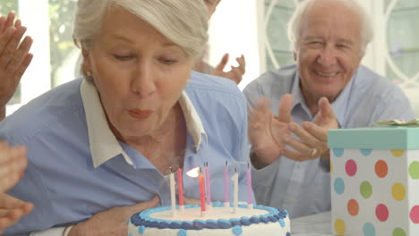 Grandmother-Blows-Out-Candles-On-Birthday-Cake,-Slow-Motion