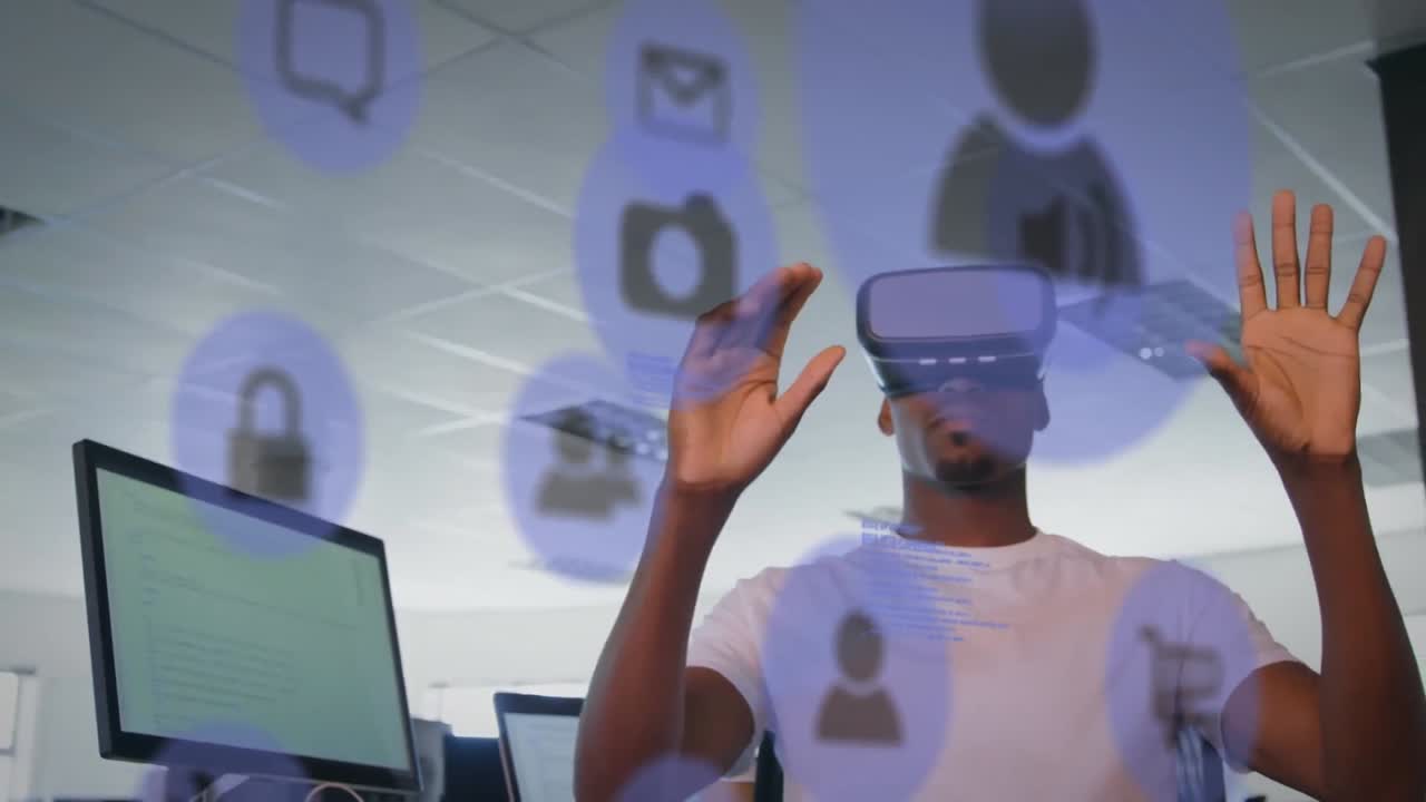 Blue digital icons floating against african american businessman wearing vr headset at home