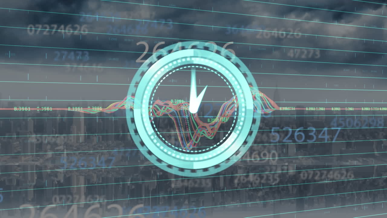 animación de la interfaz de reloj sobre gráfico con el procesamiento de datos en el paisaje urbano