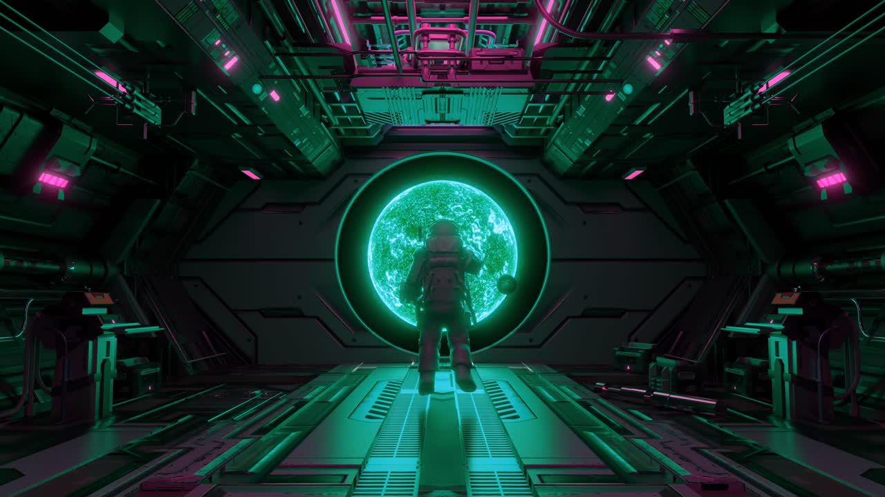 Astronaut walking in spaceship corridor towards earth