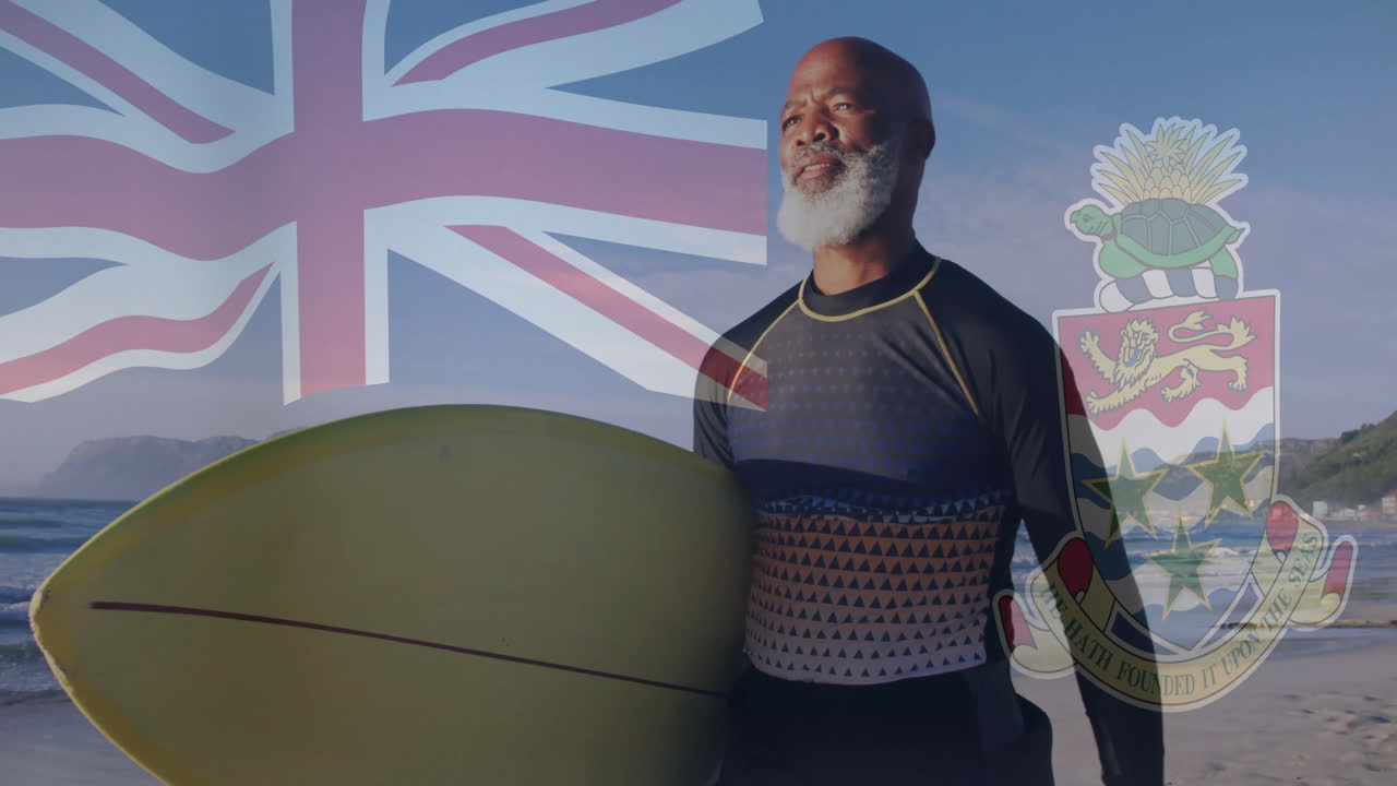Holding surfboard with Cayman Islands flag, man standing on beach with animation