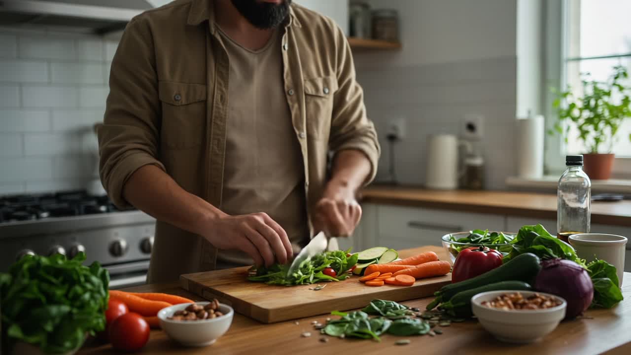 Un viaggio culinario: chef esperto che prepara verdure fresche e ingredienti in una cucina luminosa per un pasto delizioso e sano