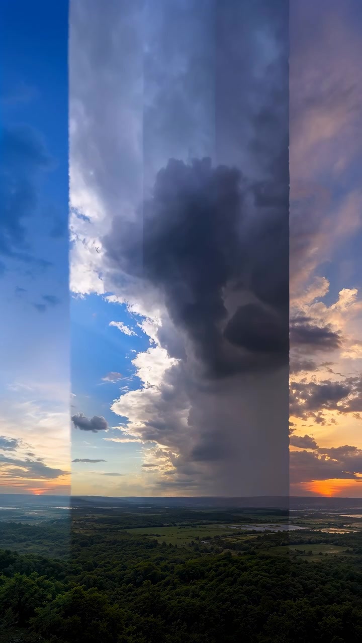 Cena aérea elevada com painéis de céu verticais sobre um vale verde, sol brilhante dando lugar a nuvens de tempestade em formação, brilho quente do pôr do sol, texturas de nuvens em camadas, horizonte distante e luz em constante mudança.