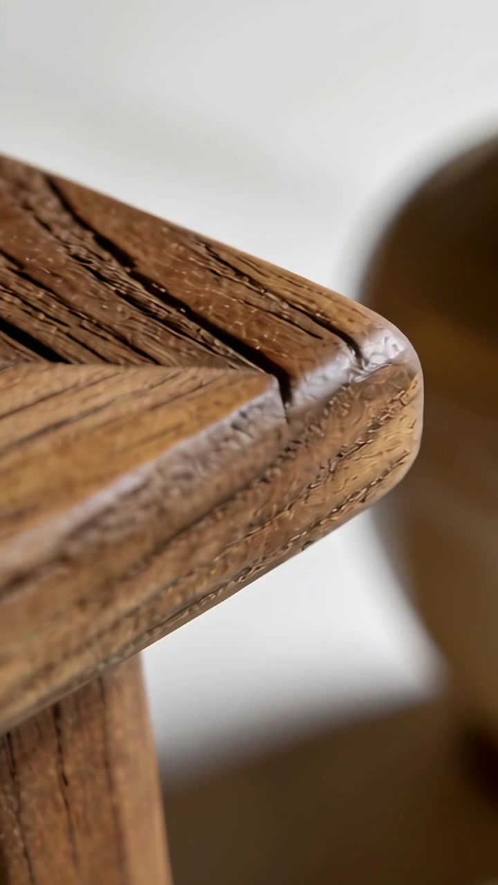 Vertikales Video: Bewegte Kamera zeigt eine Gehrungsecke, ein Pfosten gleitet in den Raum, unscharfer Hintergrund, mit Textfreiraum.