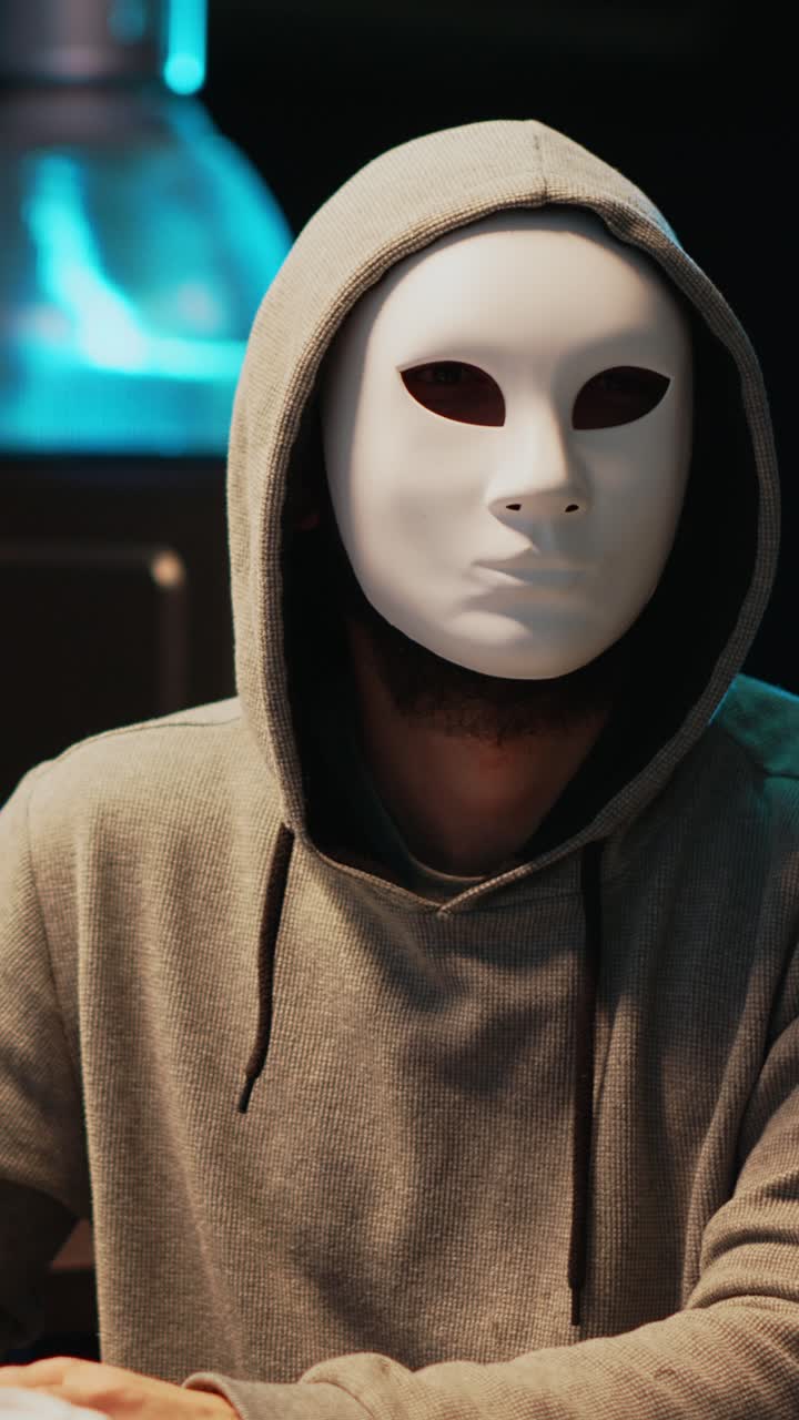 Vertikal video: Hacker med anonym maske bryder sikkerhedssystem