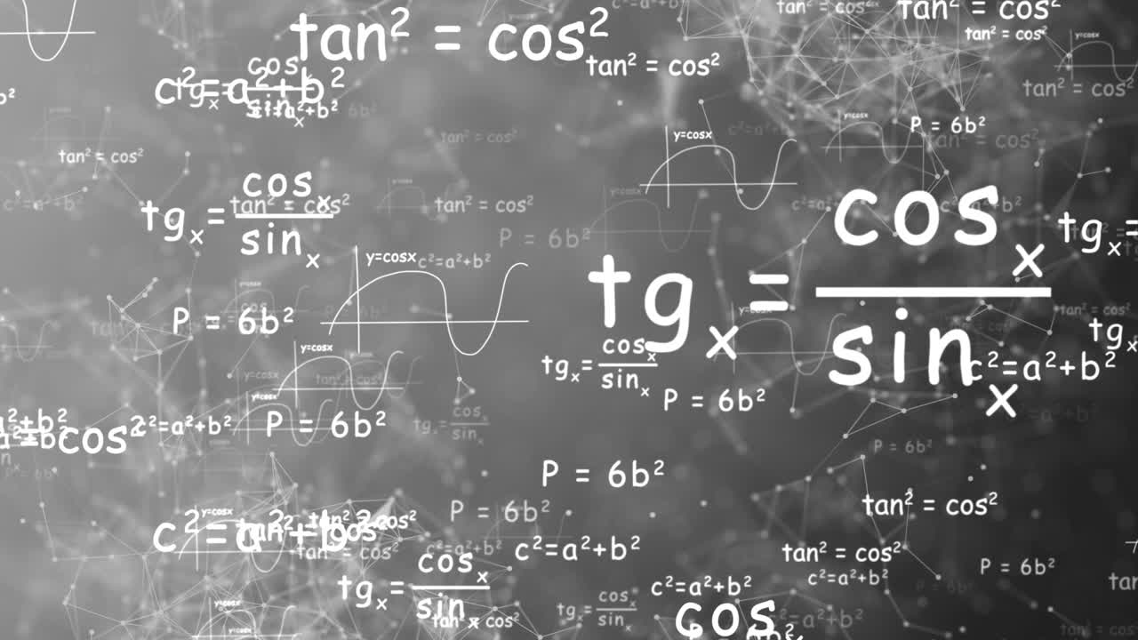la cámara vuela a través de fórmulas matemáticas blancas sobre un fondo negro.