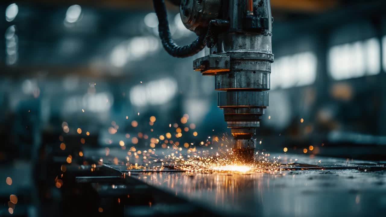Dynamic Welding Process Captured: Intense Focus on Precision Metal Cutting with Sparks Flying Amidst the Industrial Workshop Lighting and Machinery Operation