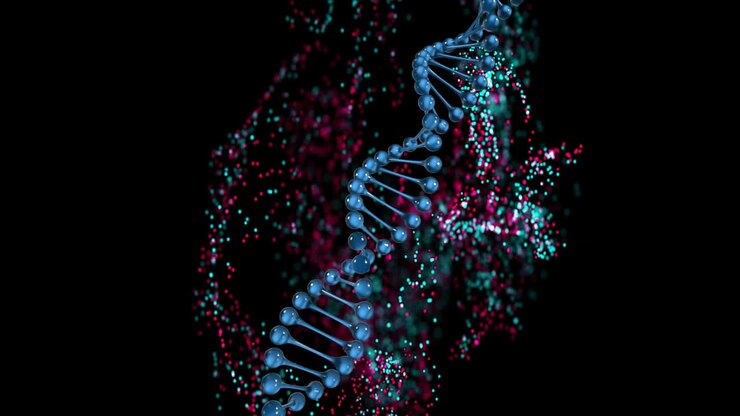 Animation of dna strand and glowing mesh with network of connections