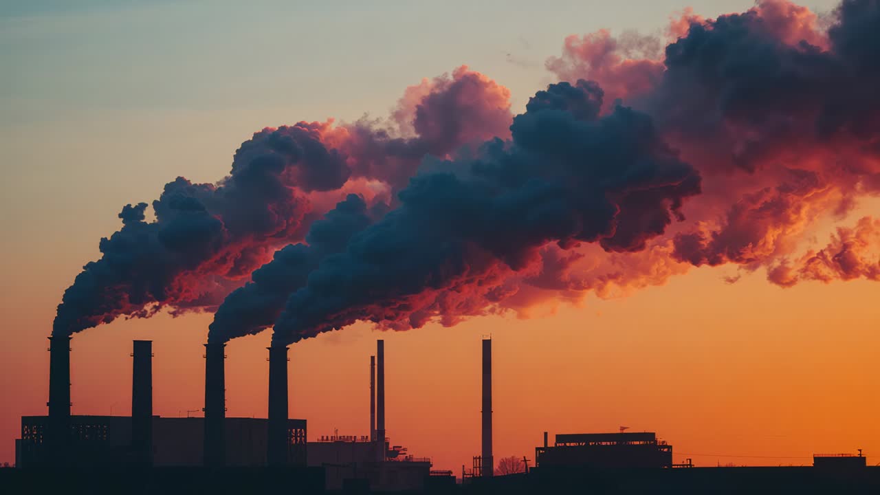 Starting up, cluster of smokestacks emitting dark smoke across sunset sky, wind carrying plumes