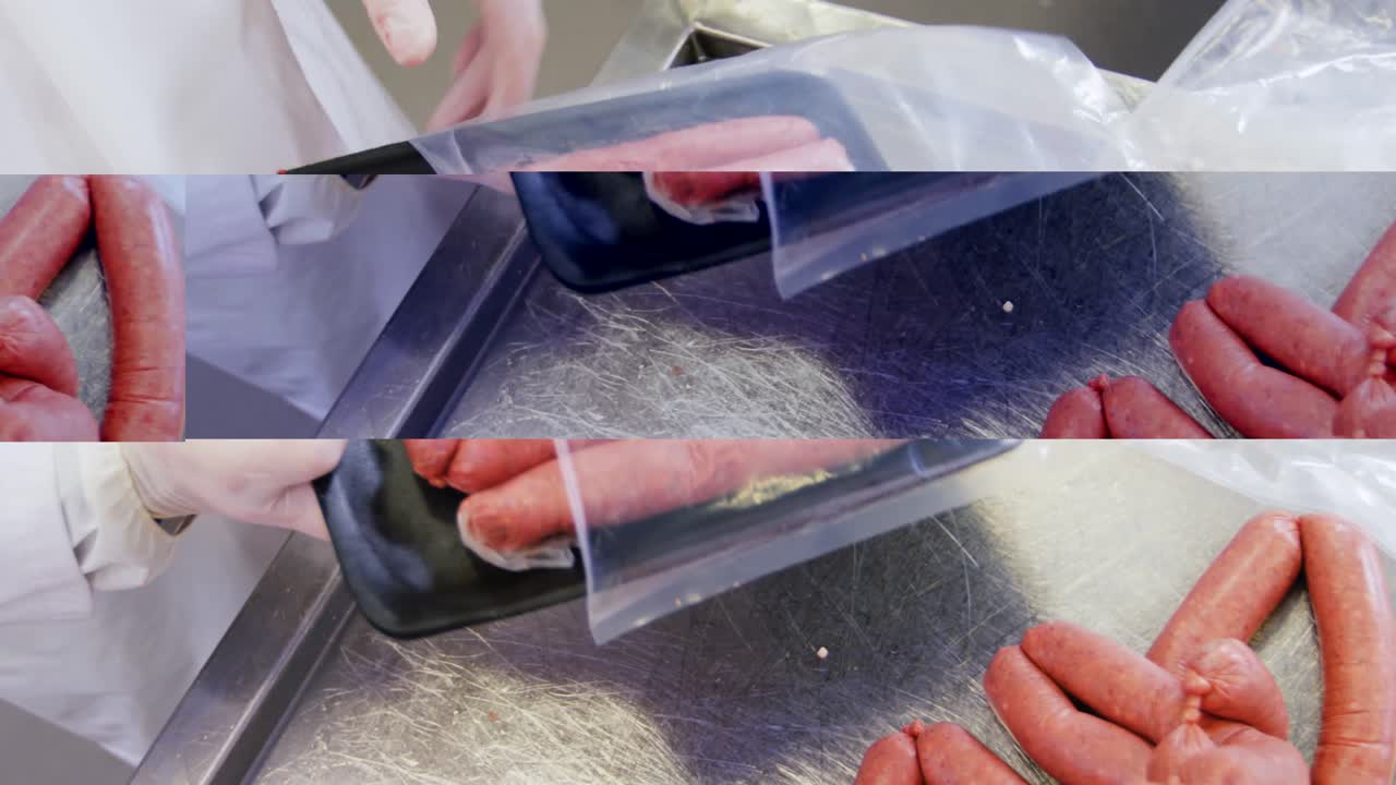 carnicero empacando salchichas en un recipiente