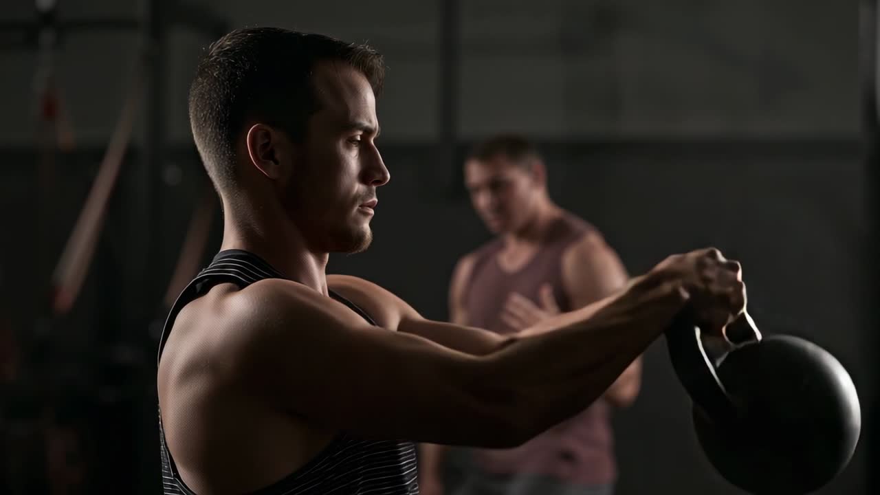 Homem de camiseta regata levantando um kettlebell ao comando do treinador na academia para força, com espaço para texto.