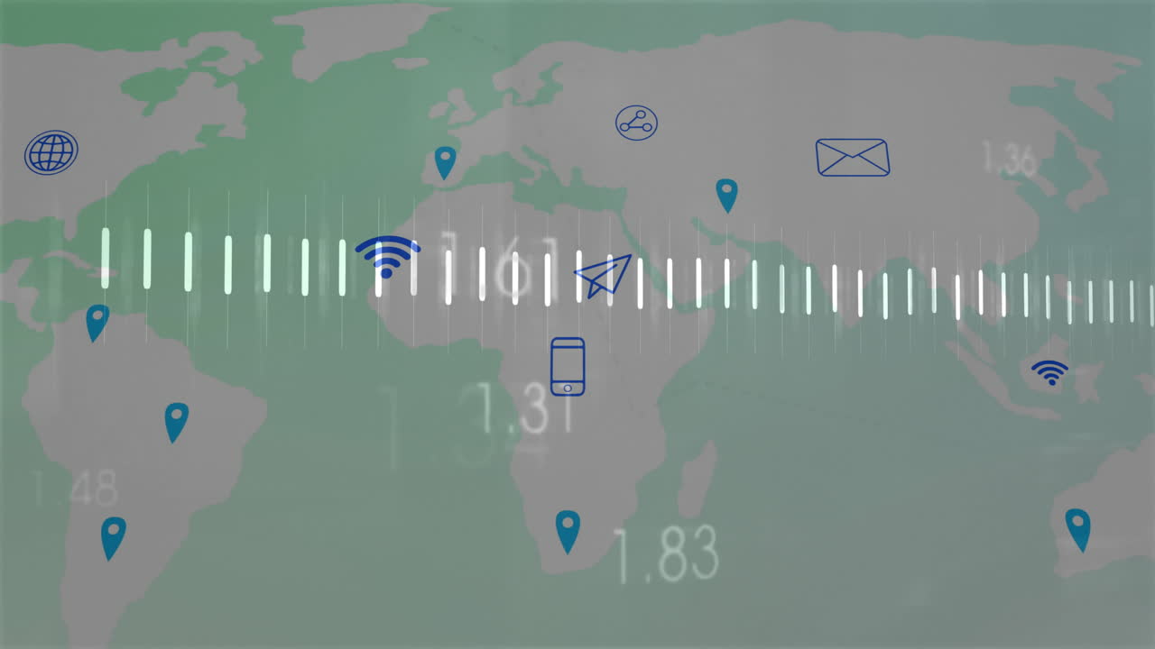 iconos de comunicación digital y animación de visualización de datos sobre el mapa del mundo