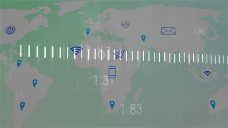 iconos de comunicación digital y animación de visualización de datos sobre el mapa del mundo
