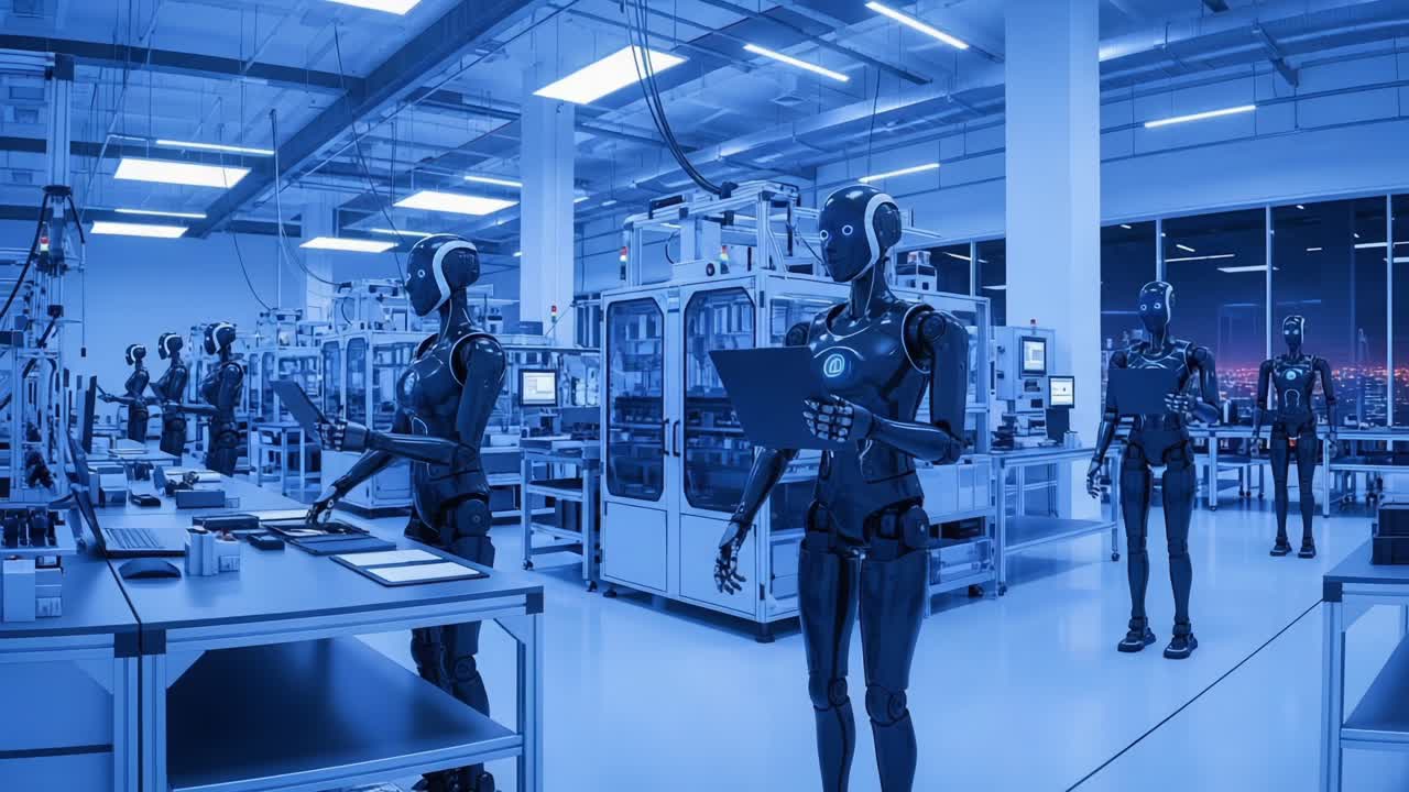 A Futuristic Automated Factory Filled with Advanced Humanoid Robots Engaged in Technical Tasks in a High-Tech Manufacturing Environment