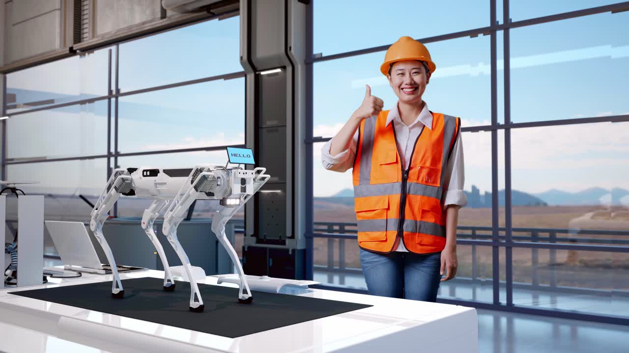 cuerpo lleno de ingeniera asiática con casco de seguridad sonriendo y mostrando los pulgares hacia arriba gesto a la cámara mientras está de pie en una fábrica de alta tecnología, analizando el concepto de máquina robótica