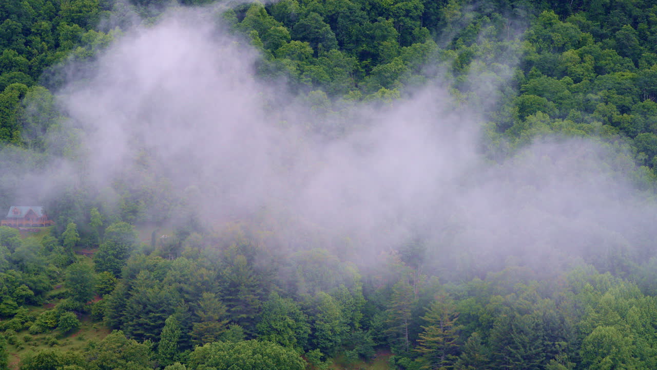 Drone shot soaring across a dreamlike, mist-layered Smoky Mountain valley