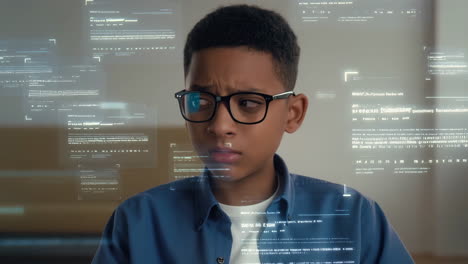 young boy interacting with futuristic digital interface