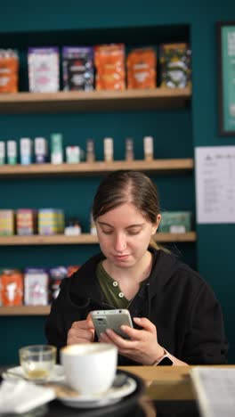 mujer usando el teléfono en la cafetería