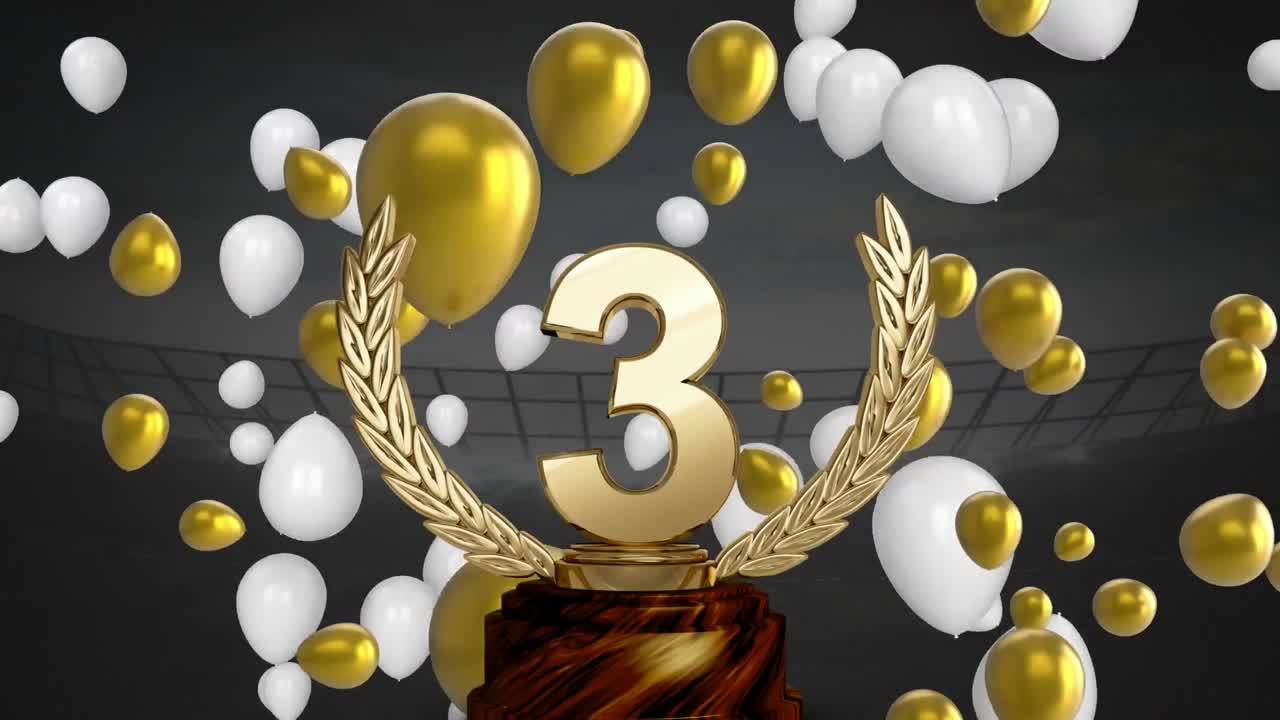 trofeo per il 3° posto e palloncini in uno stadio sportivo