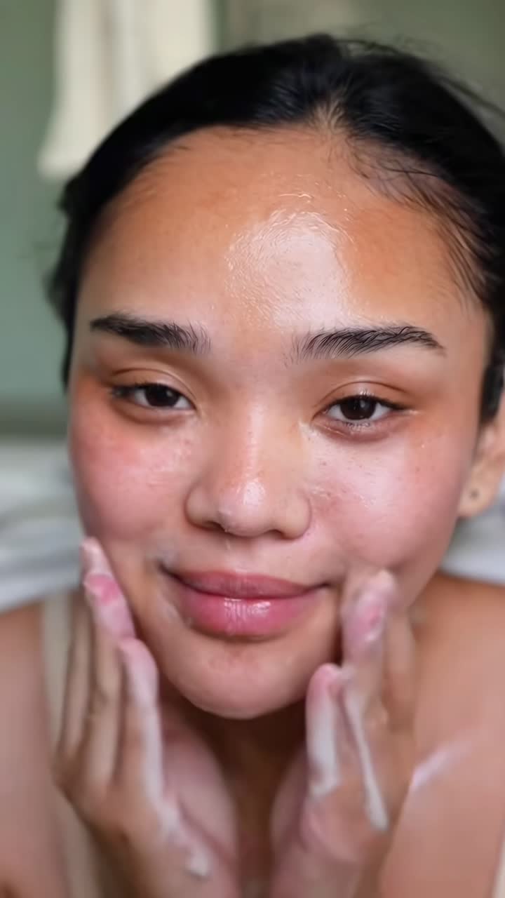 Close-up video of a woman washing her face with foam, capturing a skincare routine