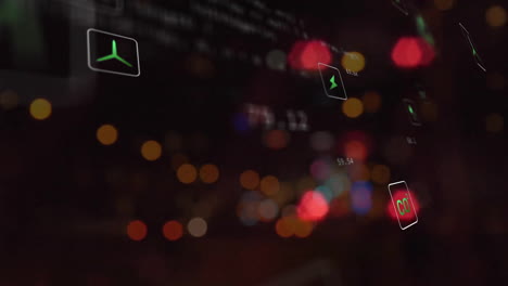 animación de los iconos eco procesamiento de datos sobre las luces de la ciudad fuera de enfoque