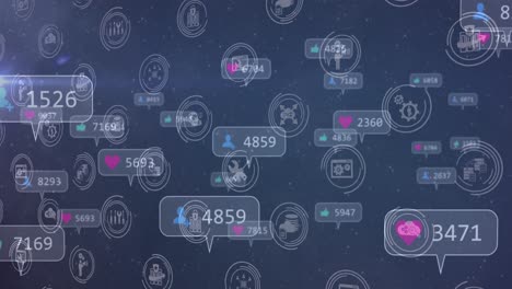 animación de iconos y números de redes sociales sobre fondo azul