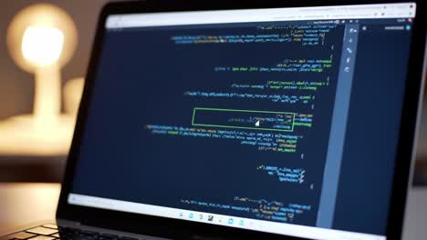exploring lines of code on a laptop: a glimpse into the world of programming with colorful syntax highlighting and a cozy ambient light in the background