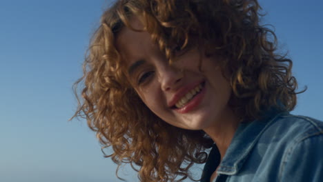 glamour woman smiling at camera. closeup positive girl with natural makeup