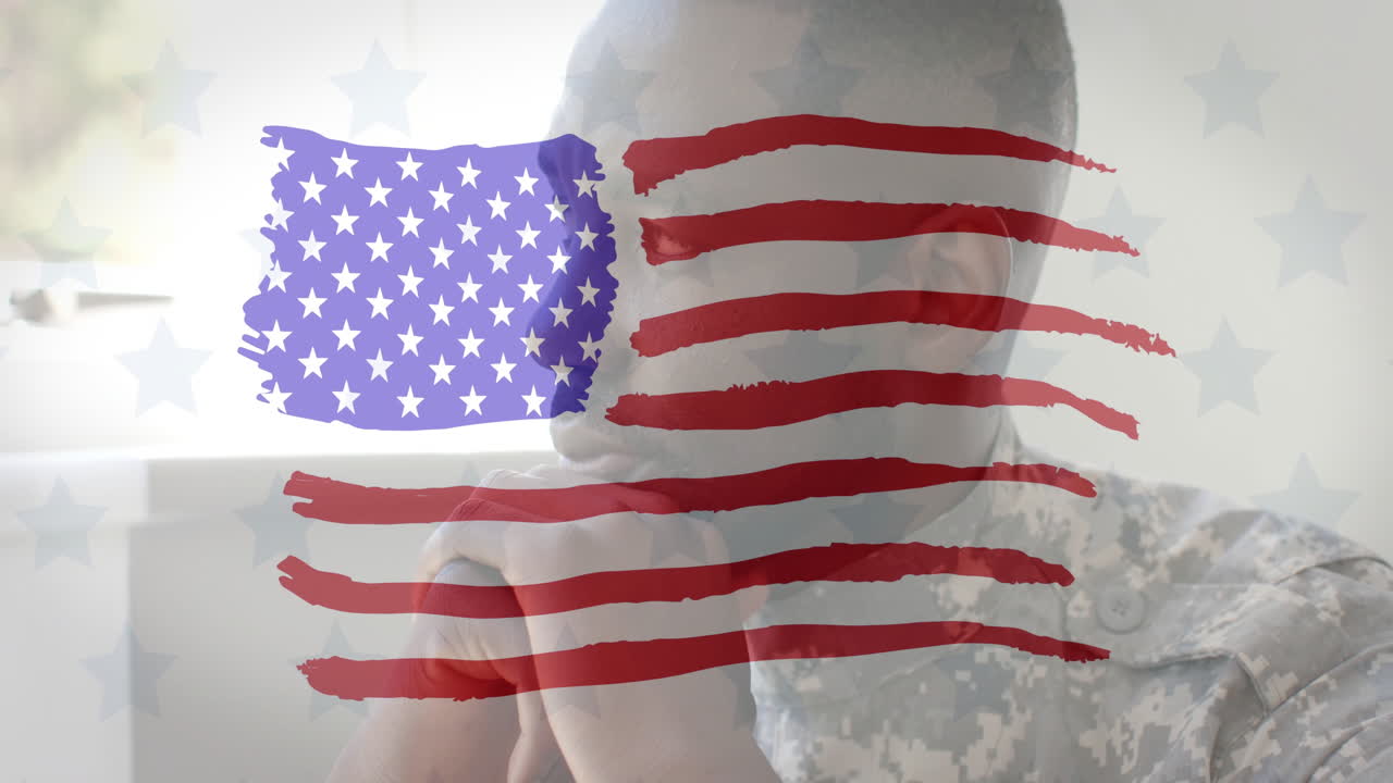 Soldier in camouflage uniform with American flag overlay, thinking deeply