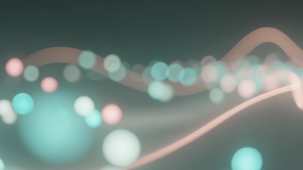 Shifting glowing orbs and ribbons moving right after frame shift in dark teal scene, adding depth